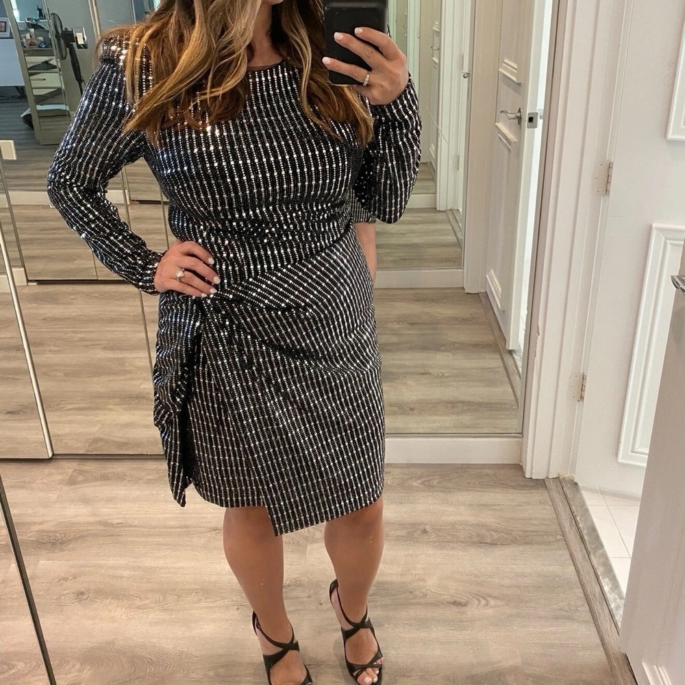 AQUA Sequined Hologram Faux Wrap Dress Size 12 LARGE Festive Holiday